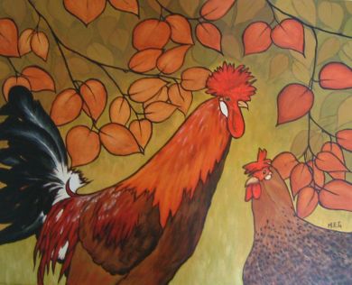 Sicilian Buttercup cock and hen. Acrylic painting