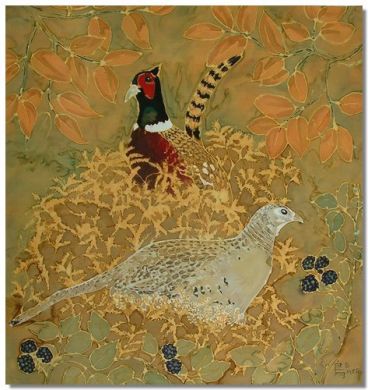 Ringneck Pheasants. Original silk painting