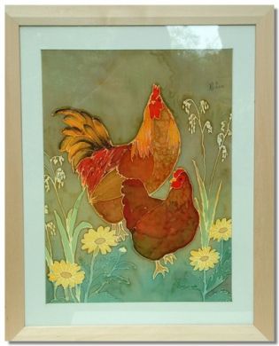 Chickens and Daisies. Original silk painting