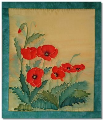 Poppy wall hanging. Original silk painting